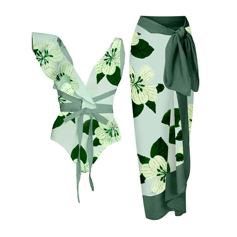 Women's retro three-piece polyester swimsuit set in a conservative, belly-covering design.