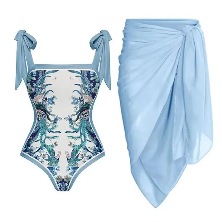 Women's retro three-piece polyester swimsuit set in a conservative, belly-covering design.