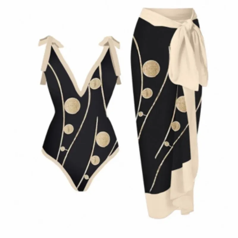 Women's retro three-piece polyester swimsuit set in a conservative, belly-covering design.