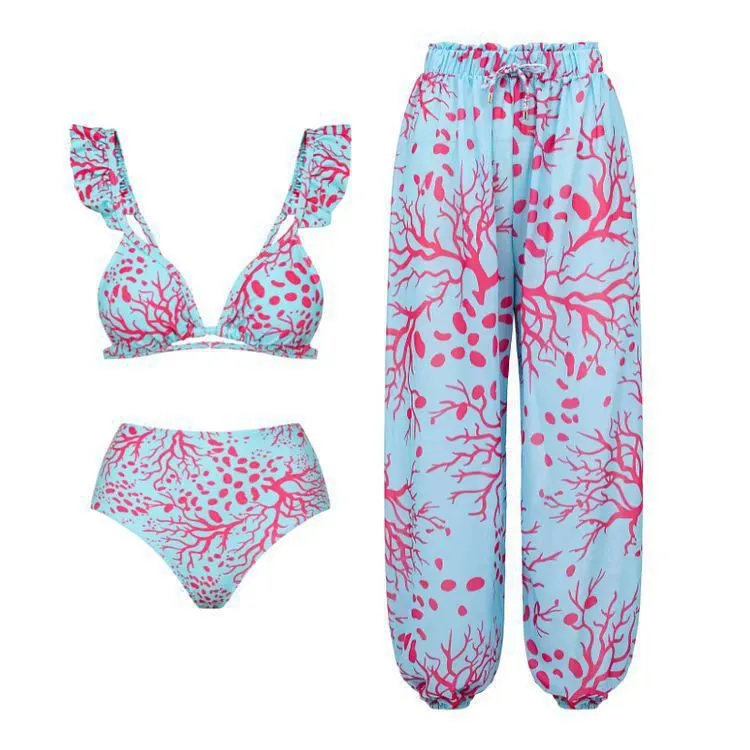 Women's retro three-piece polyester swimsuit set in a conservative, belly-covering design.