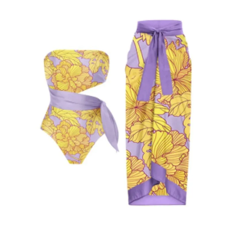 Women's retro three-piece polyester swimsuit set in a conservative, belly-covering design.