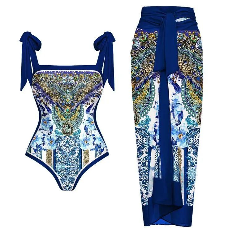 Women's retro three-piece polyester swimsuit set in a conservative, belly-covering design.