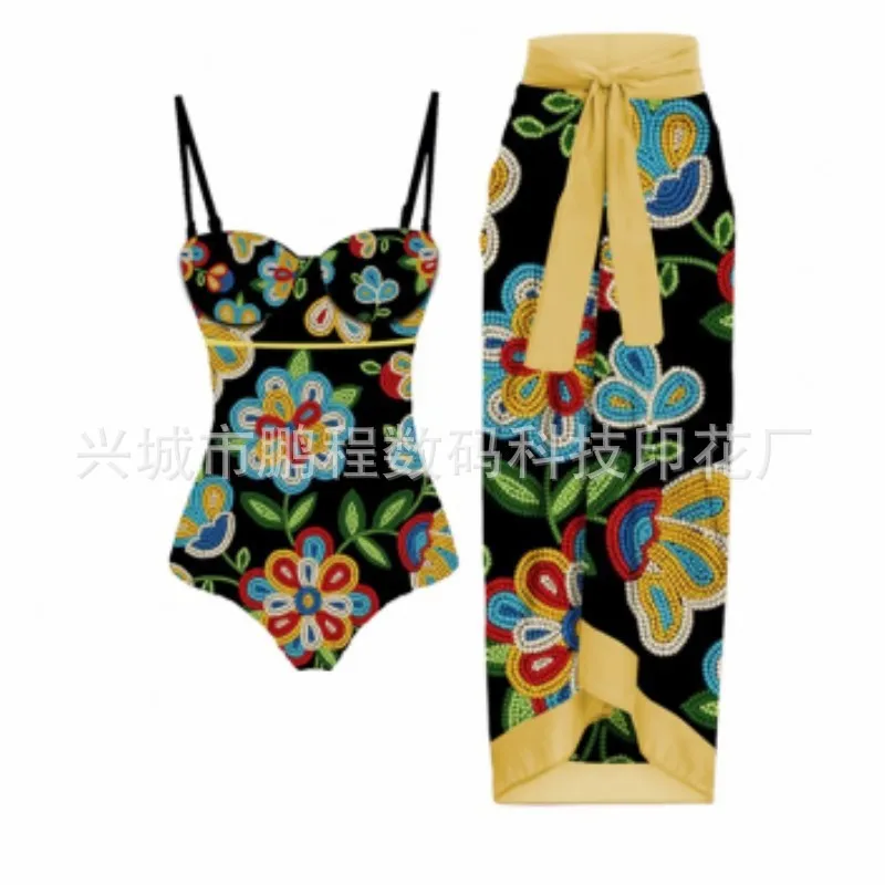 Women's retro three-piece polyester swimsuit set in a conservative, belly-covering design.