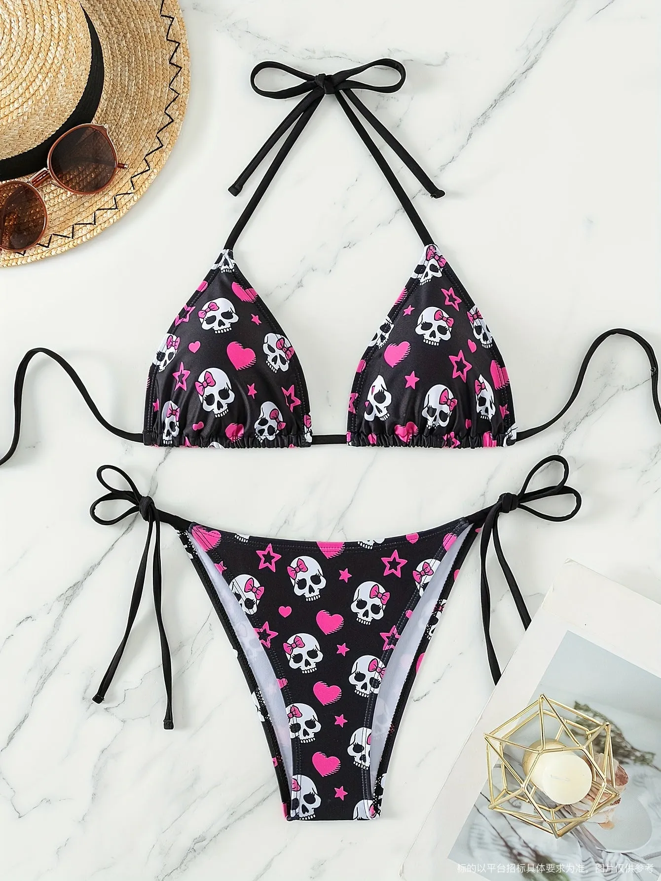 Women's spider print backless bikini set with triangle cups and matching shorts