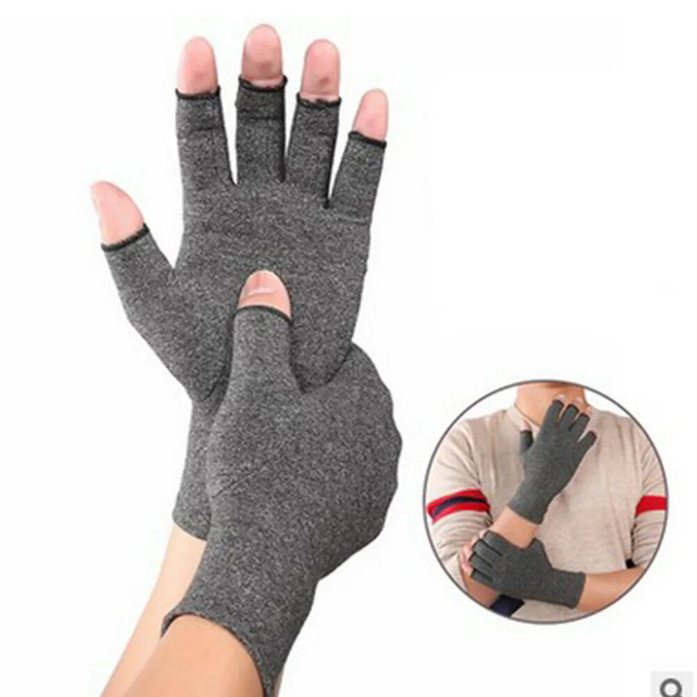 Grey half-finger compression gloves with anti-slip silicone dots on palms