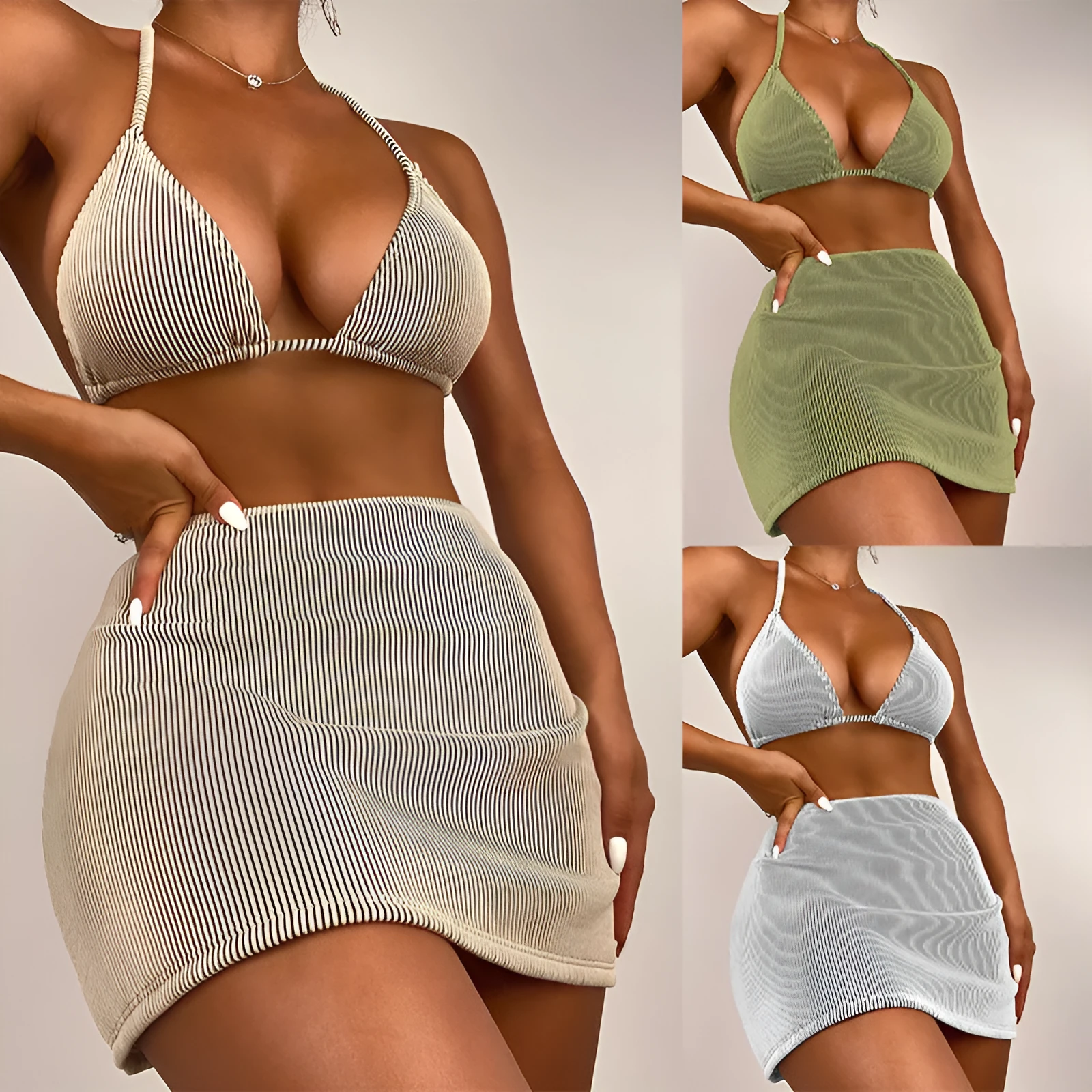 Three-piece polyester rib fabric bikini swimsuit in khaki, black and white, green, or emerald green
