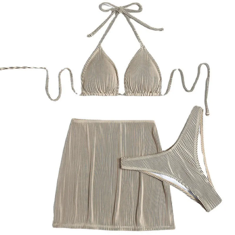 Three-piece polyester rib fabric bikini swimsuit in khaki, black and white, green, or emerald green