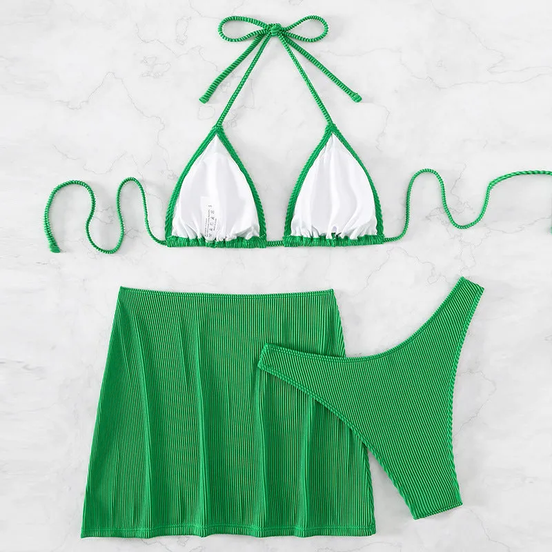 Three-piece polyester rib fabric bikini swimsuit in khaki, black and white, green, or emerald green