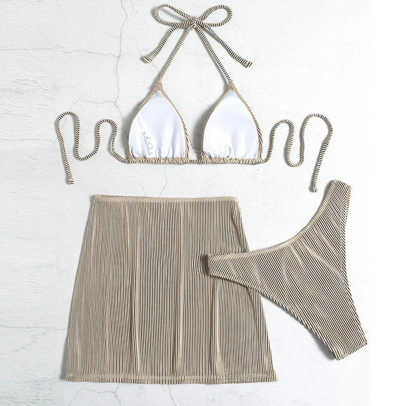 Three-piece polyester rib fabric bikini swimsuit in khaki, black and white, green, or emerald green