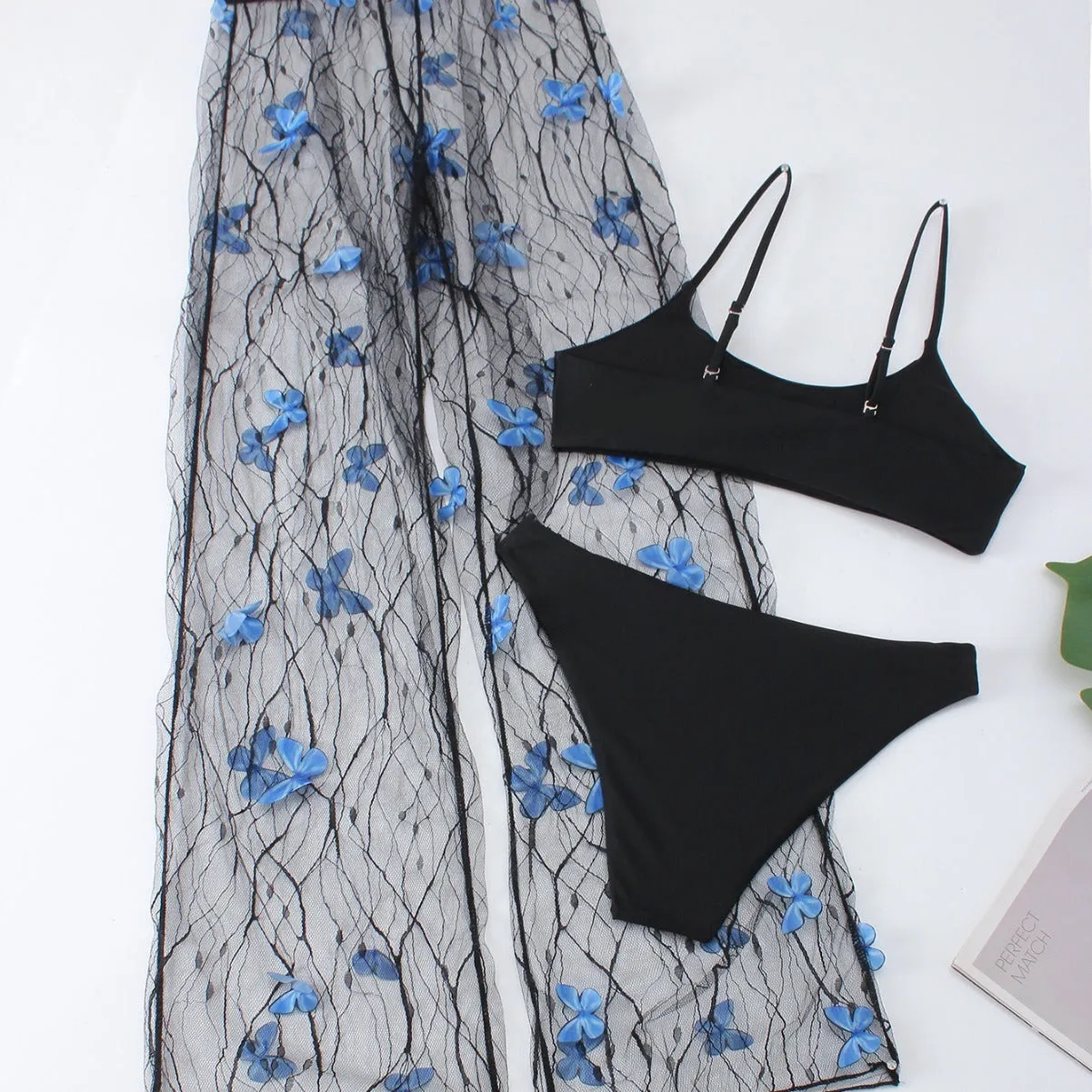 Black women's bikini three-piece set with butterfly print on transparent voile fabric