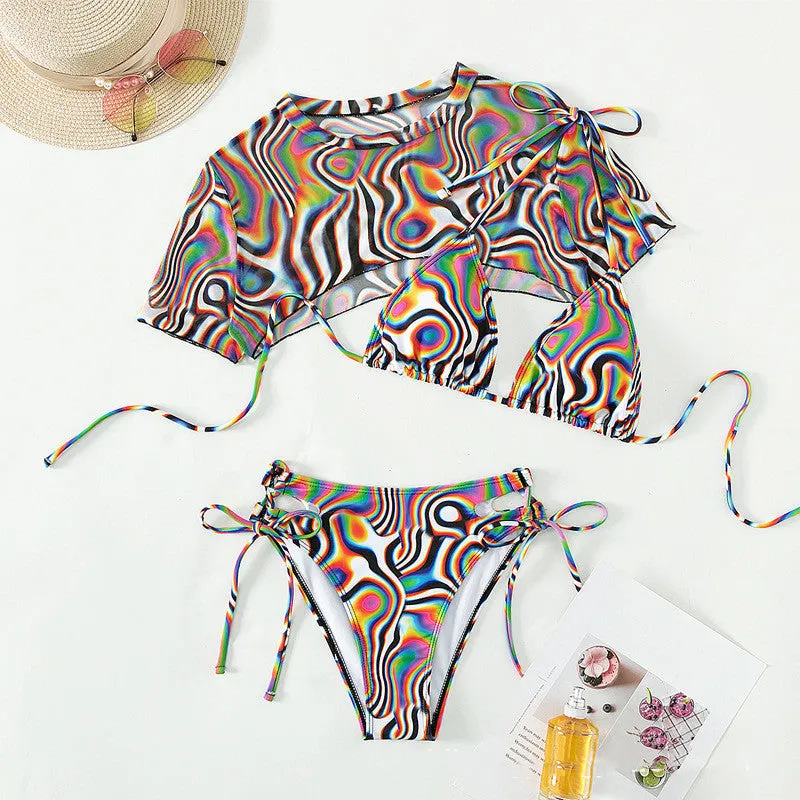 Women's colourful red rope mesh bikini swimsuit set with bra top and panty bottom