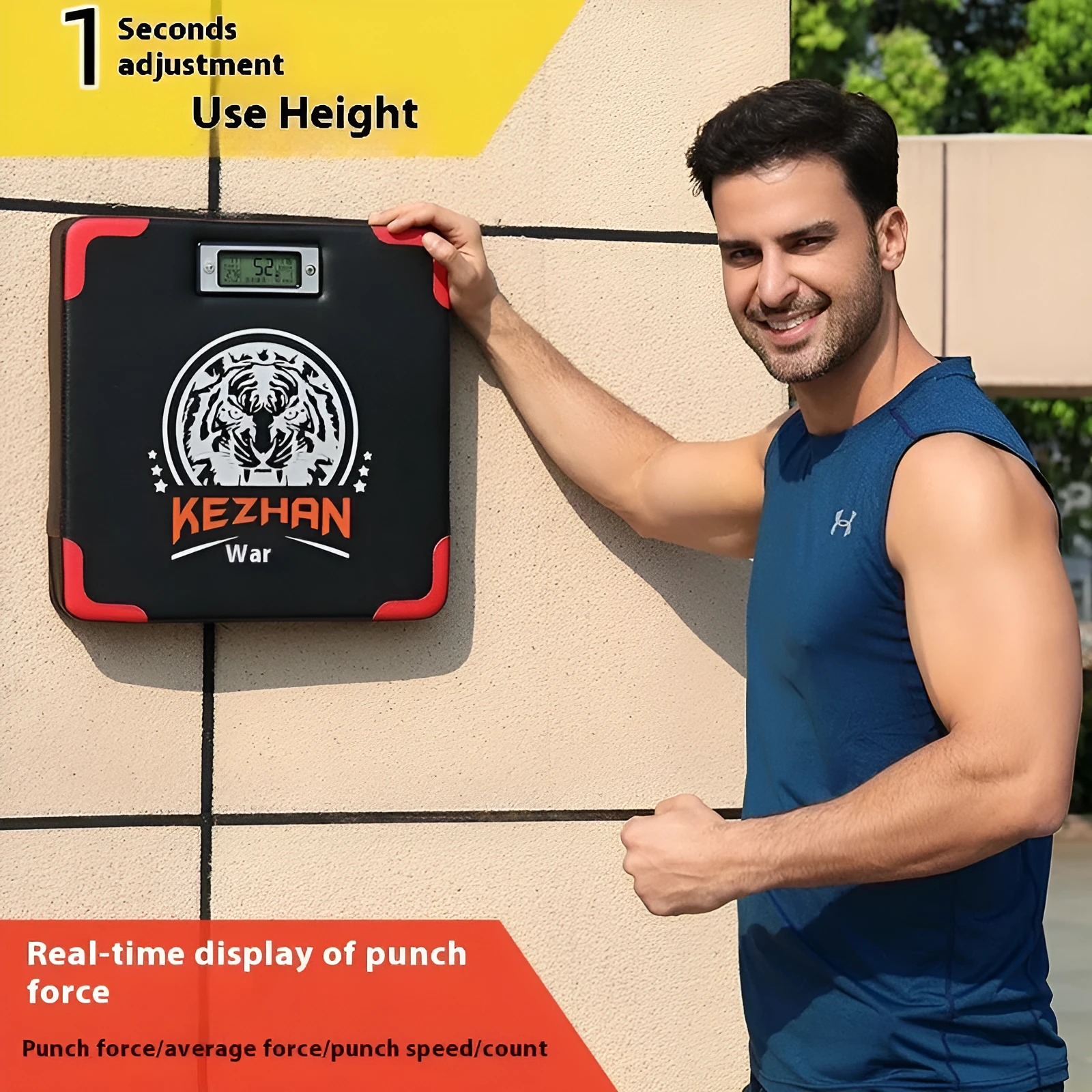 Smart hanging-type boxing training sandbag dynamometer with digital display and PU construction.