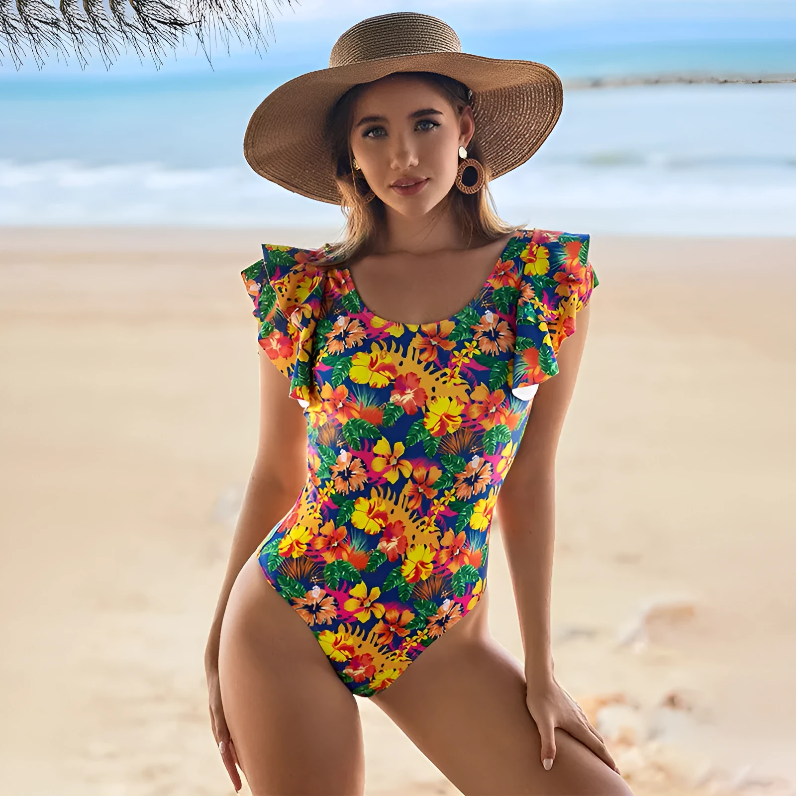 Women's one-piece swimsuit with U-shaped collar and lace design on polyester fabric