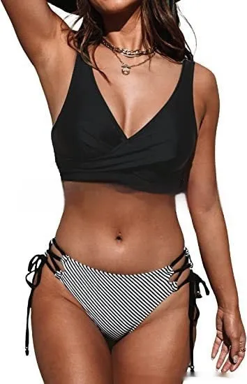 Women's yellow green halter neck bikini with lace-up front and split-style briefs for swimming