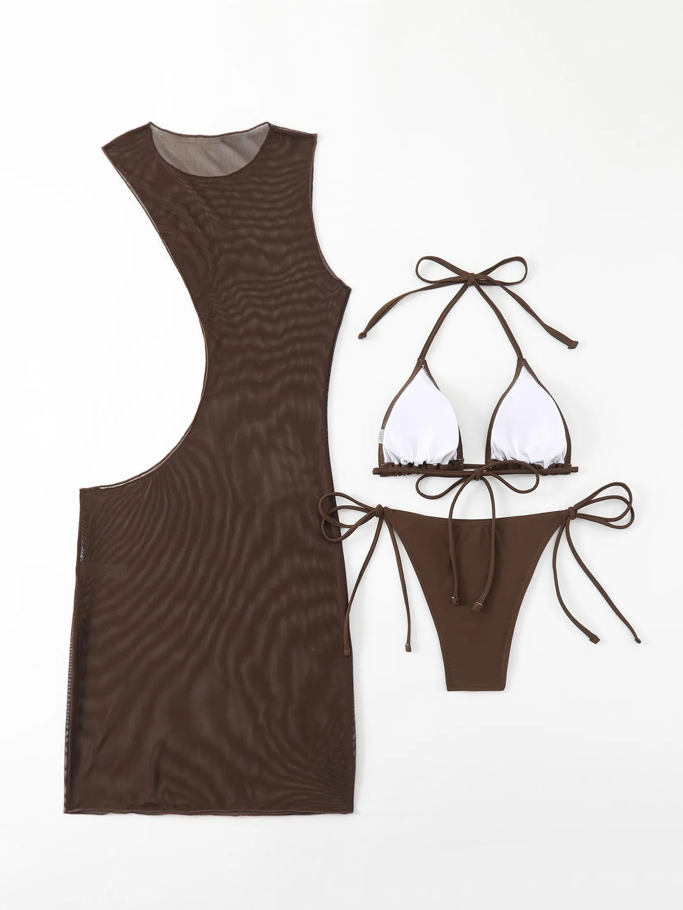 Women's brown three-piece swimsuit set with bra, shorts, and blouse made from nylon