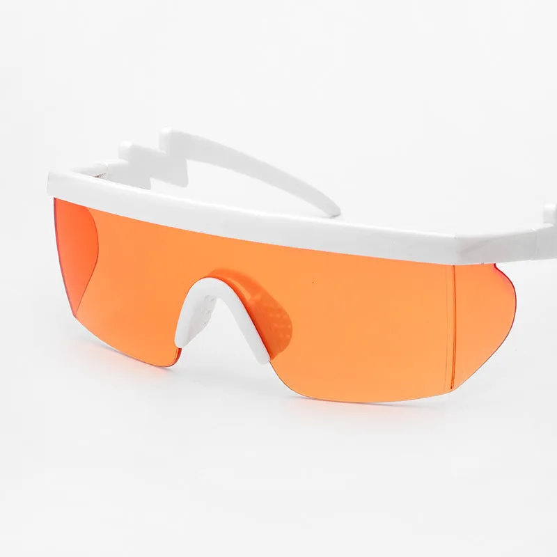 Sports sunglasses with curved foot piece and colourful film options showing UV400 protection