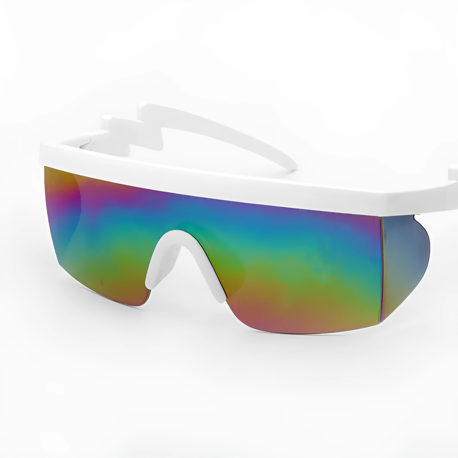 Sports sunglasses with curved foot piece and colourful film options showing UV400 protection