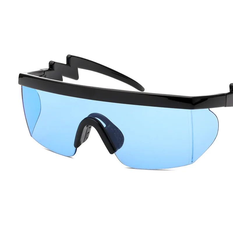 Sports sunglasses with curved foot piece and colourful film options showing UV400 protection