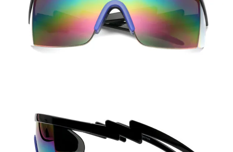 Sports sunglasses with curved foot piece and colourful film options showing UV400 protection