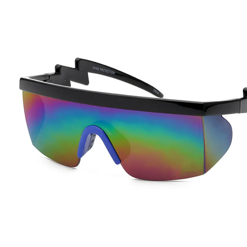 Sports sunglasses with curved foot piece and colourful film options showing UV400 protection