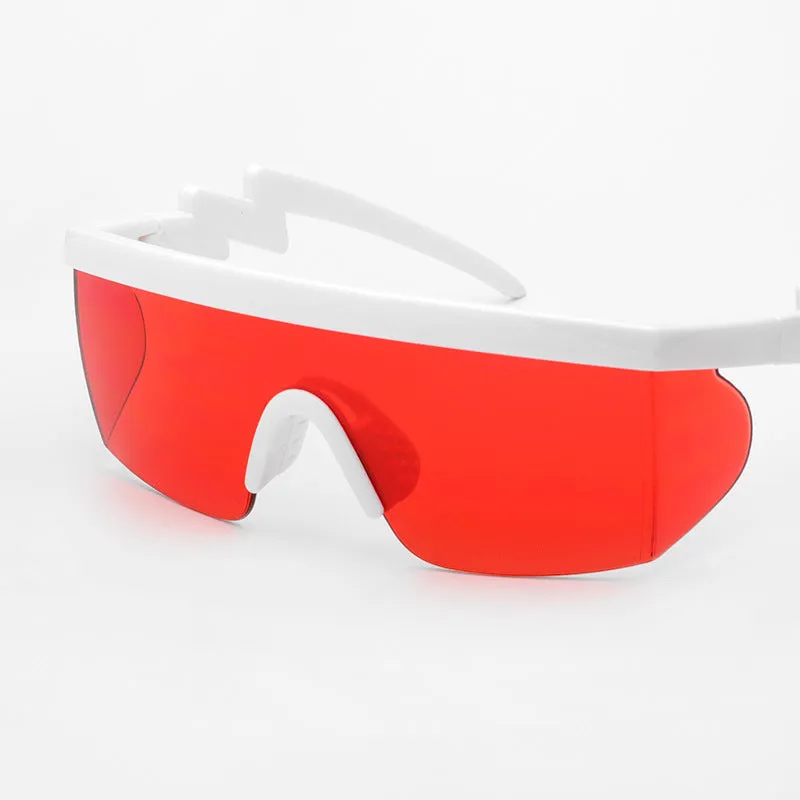 Sports sunglasses with curved foot piece and colourful film options showing UV400 protection