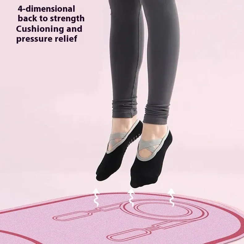 A pink faux leather yoga mat with a non-slip surface, shown rolled and unrolled.
