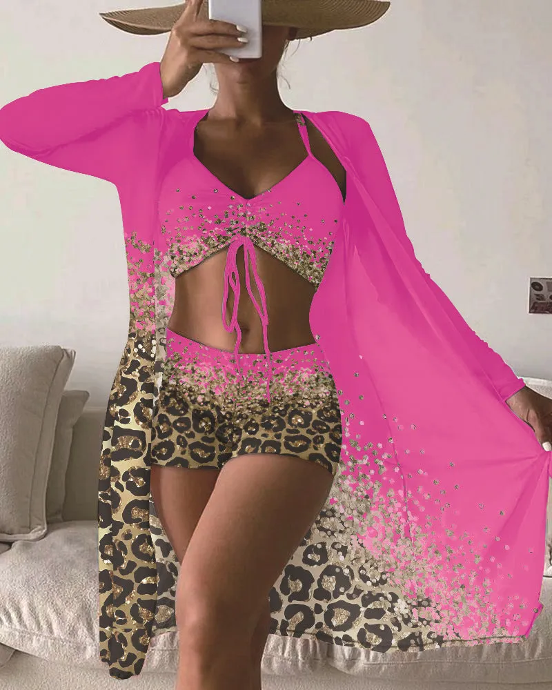 Women's polyester swimsuit set showing sleeveless top and briefs style bottom with matching coat