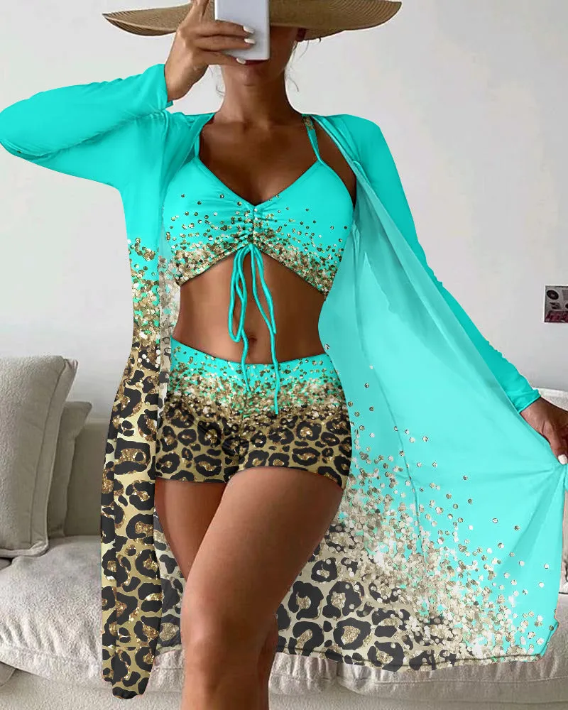 Women's polyester swimsuit set showing sleeveless top and briefs style bottom with matching coat