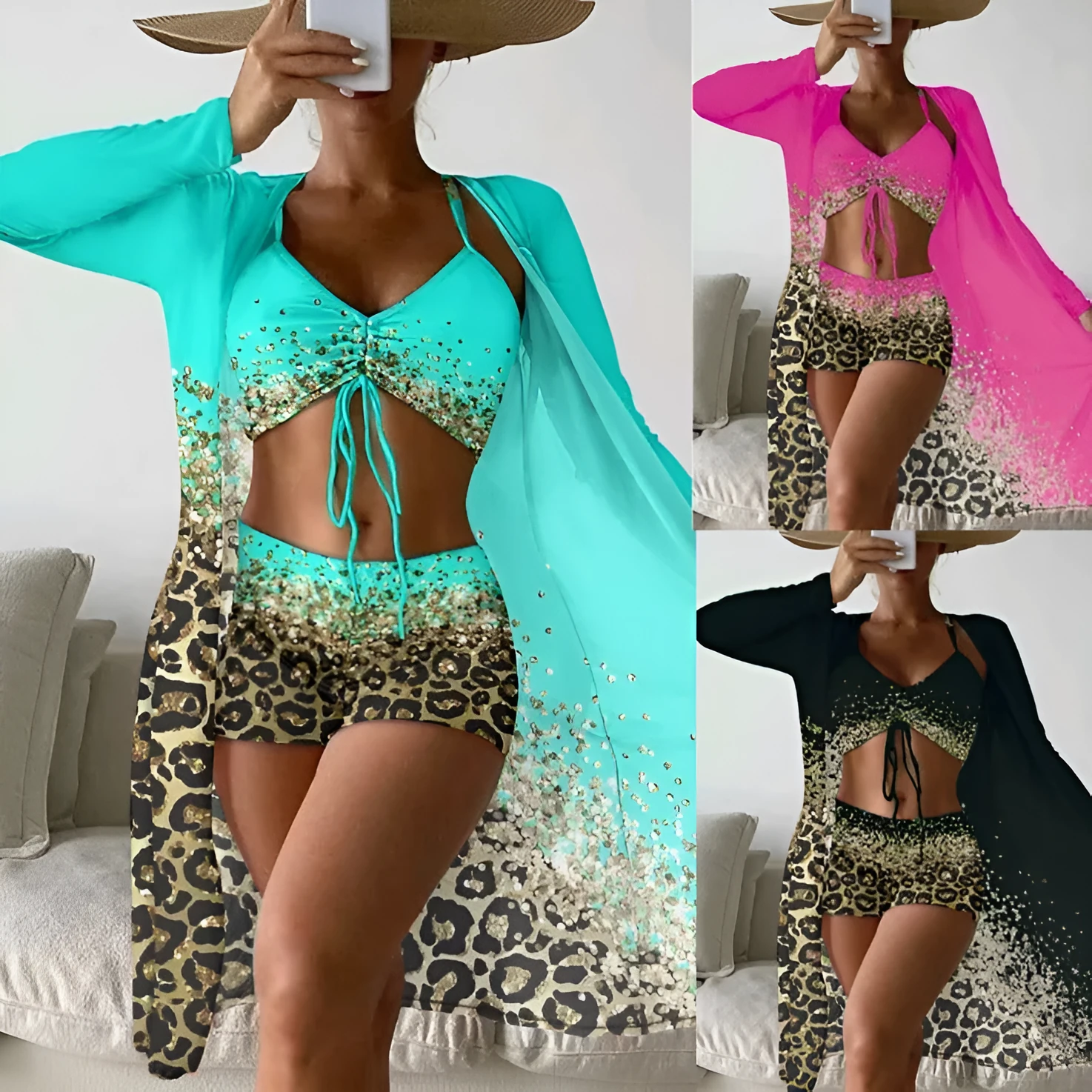 Women's polyester swimsuit set showing sleeveless top and briefs style bottom with matching coat