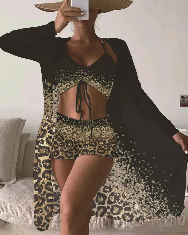 Women's polyester swimsuit set showing sleeveless top and briefs style bottom with matching coat