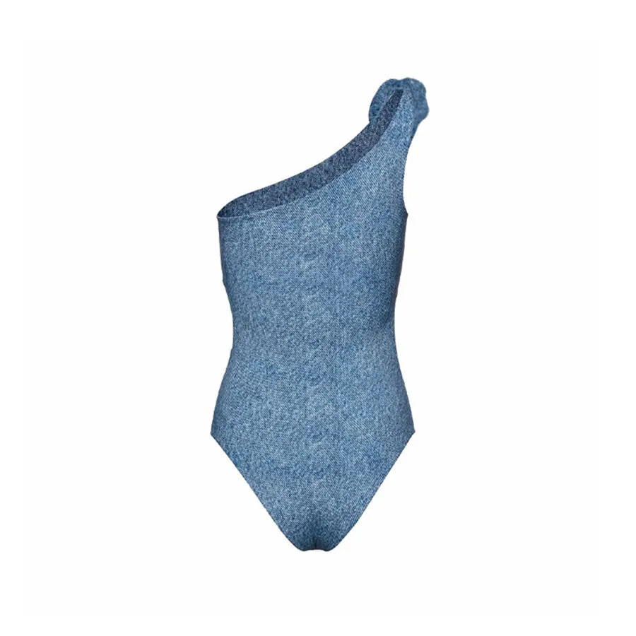 Women's one-shoulder floral one-piece swimsuit with a hollow back, shown in available colours.