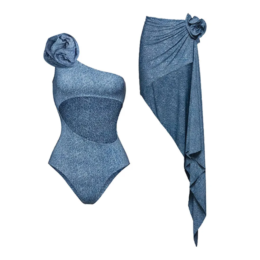 Women's one-shoulder floral one-piece swimsuit with a hollow back, shown in available colours.