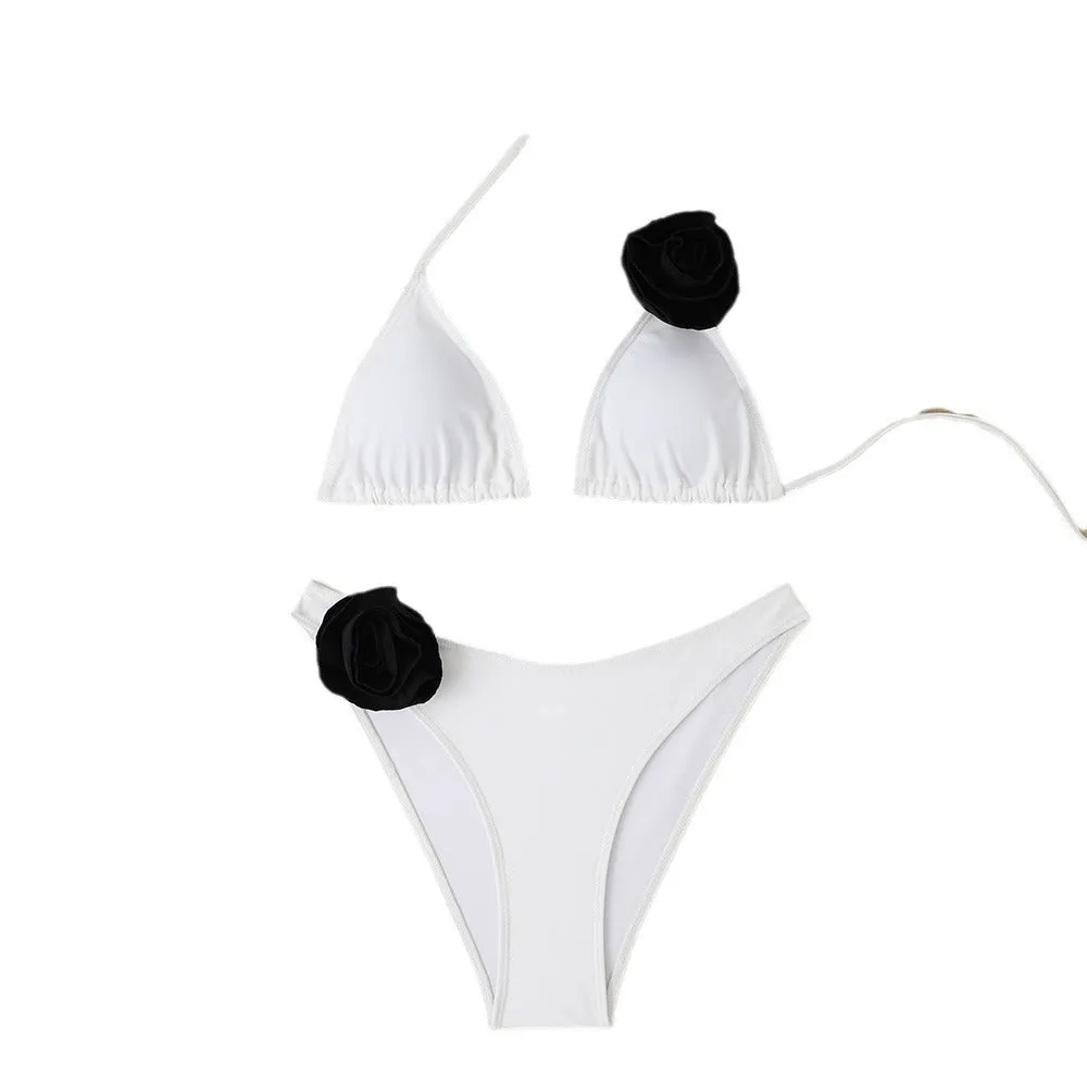Women's floral bikini swimsuit with lace-up triangle top and split briefs in nylon fabric