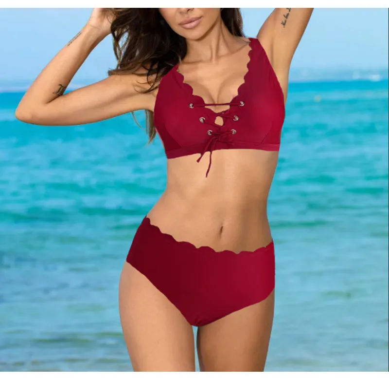 Women's solid colour split swimsuit with high waist design in red, black or blue