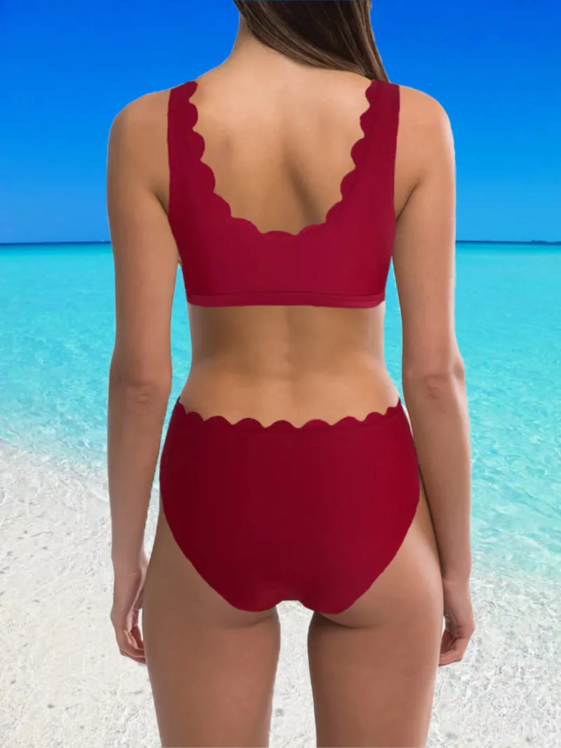 Women's solid colour split swimsuit with high waist design in red, black or blue