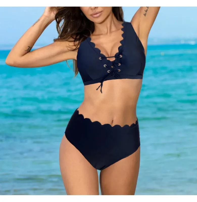 Women's solid colour split swimsuit with high waist design in red, black or blue