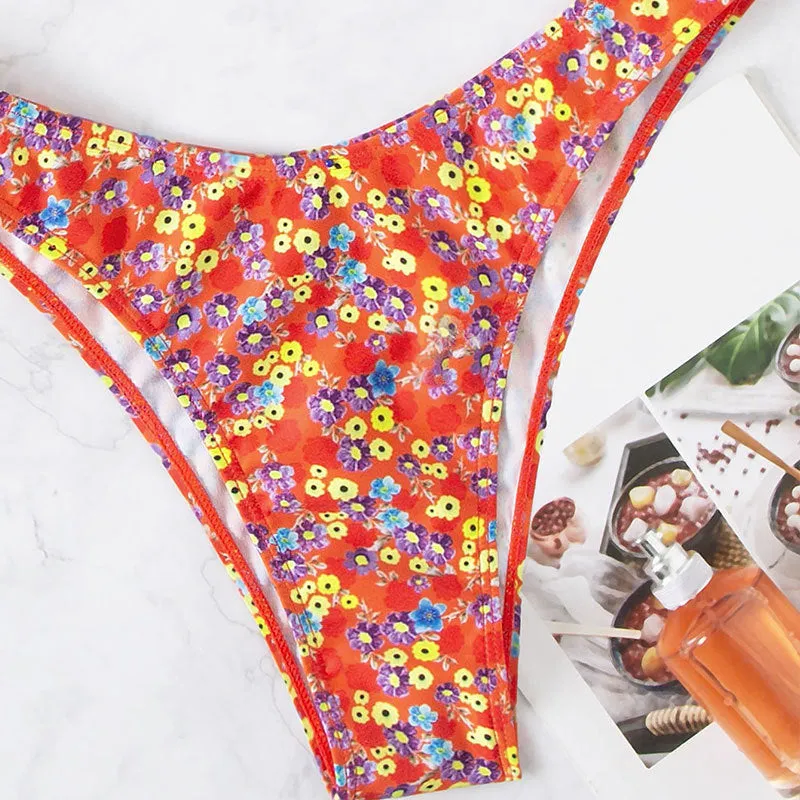 Red floral high waist one-piece swimsuit with split design for women