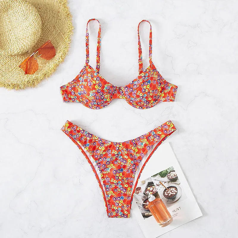 Red floral high waist one-piece swimsuit with split design for women