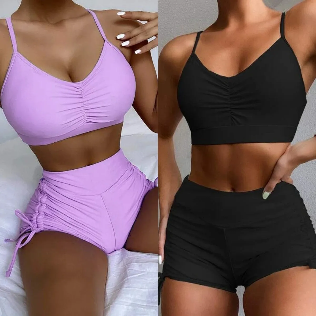 Women's black or purple high-waist split bikini swimsuit with sleeveless top and shorts.