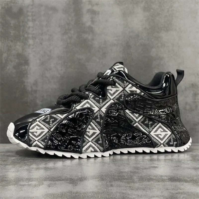 Fashion youth embroidery stitching thick bottom lightweight men's casual shoes with platform heel, mesh lining, and lace-up front in black