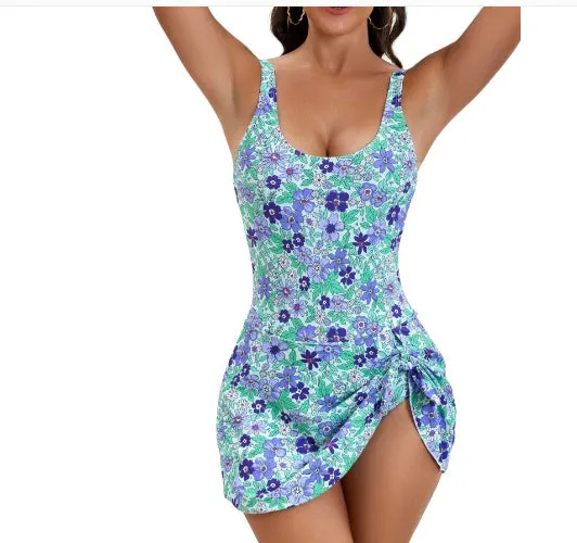 Nylon women's one-piece swimsuit skirt in solid colour, sleeveless design, available in floral, rose red, black, brick red, army green.