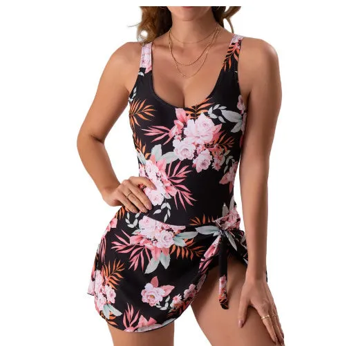 Nylon women's one-piece swimsuit skirt in solid colour, sleeveless design, available in floral, rose red, black, brick red, army green.
