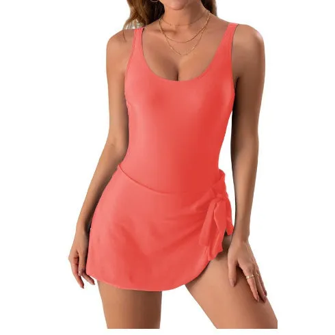Nylon women's one-piece swimsuit skirt in solid colour, sleeveless design, available in floral, rose red, black, brick red, army green.