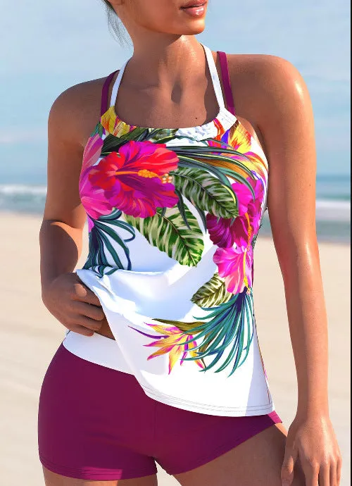 Women's floral swimsuit with large flower pattern and chest padding in purple-red colour