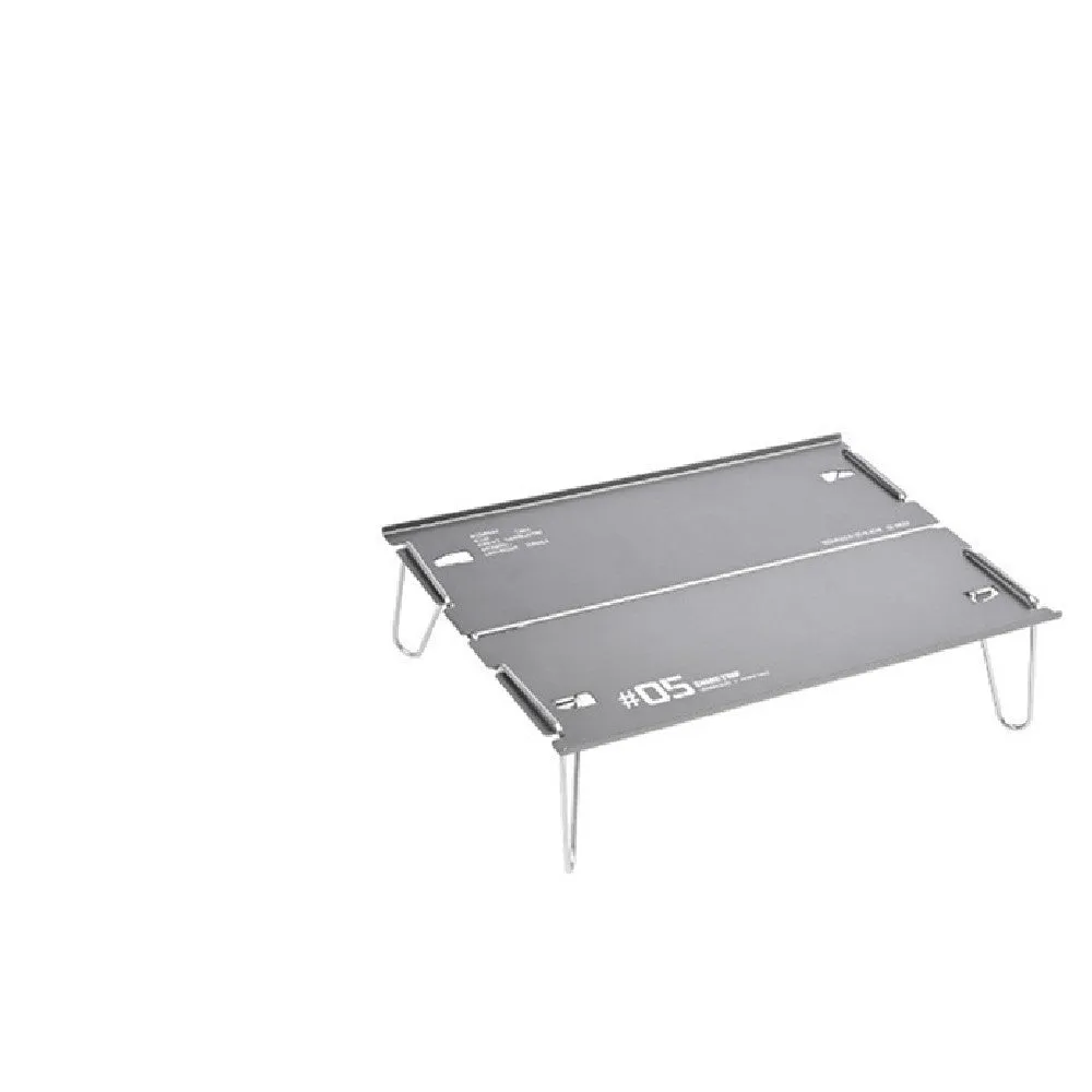 Outdoor 05 Series aluminium alloy folding table shown folded and unfolded in black and grey colours.