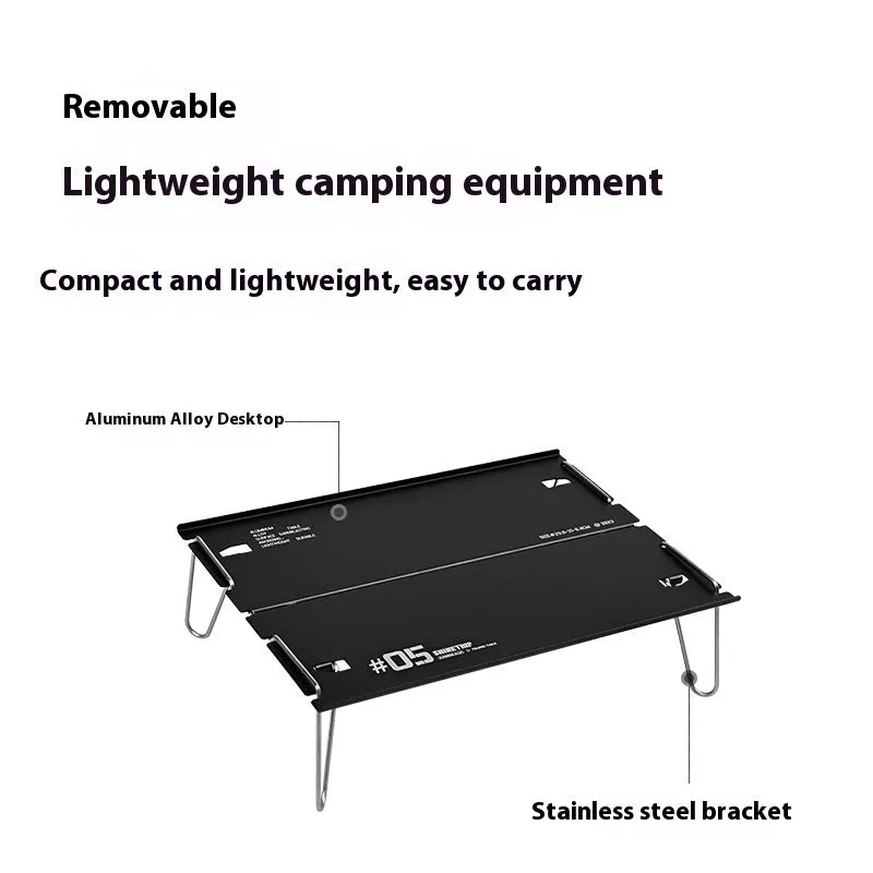 Outdoor 05 Series aluminium alloy folding table shown folded and unfolded in black and grey colours.