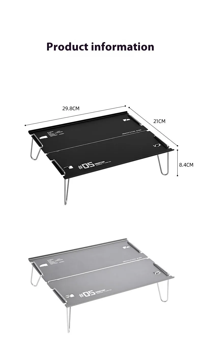 Outdoor 05 Series aluminium alloy folding table shown folded and unfolded in black and grey colours.