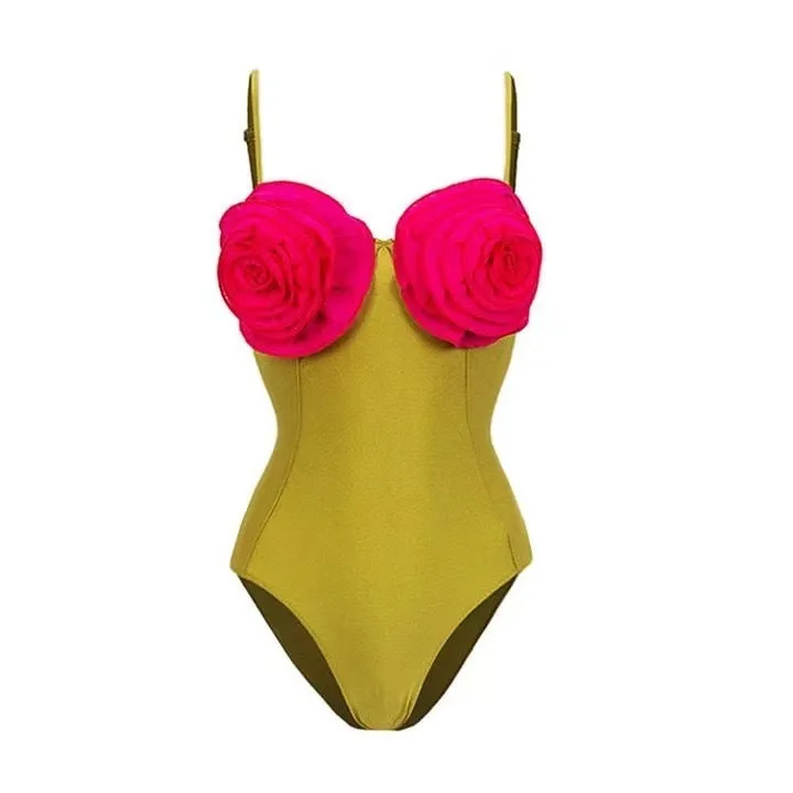 Women's solid colour one-piece swimsuit with French bikini cut and optional matching skirt.