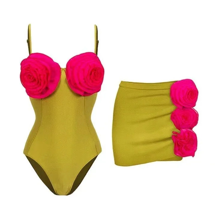 Women's solid colour one-piece swimsuit with French bikini cut and optional matching skirt.