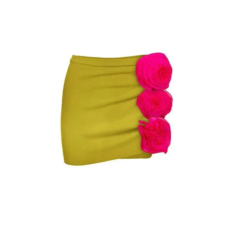 Women's solid colour one-piece swimsuit with French bikini cut and optional matching skirt.